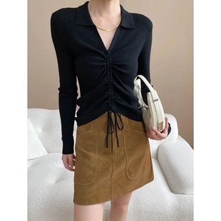 显瘦针织衫 早秋新款 透气亲肤毛衣女高级感polo翻领褶皱抽绳修身