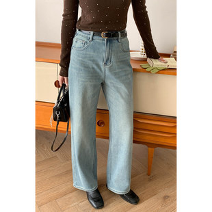 阔腿长裤 水洗高腰加绒直筒牛仔裤 型超好看 韩系做旧版 女秋冬新款