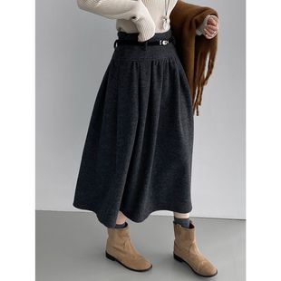 韩系复古加厚毛呢松紧半身裙女2025秋冬新款 灰色百搭高腰中长伞裙