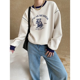 小众撞色设计百搭打底衫 加绒卫衣 女冬狗狗字母印花圆领宽松落肩袖