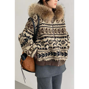 韩系费尔岛貉子毛领外套女款 保暖加厚摇粒绒休闲上衣 2025秋冬新款