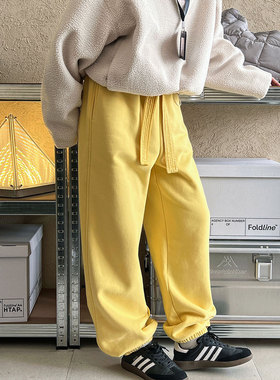 美式加绒加厚抽绳卫裤女2025秋冬新宽松黄色束脚运动裤休闲长裤子