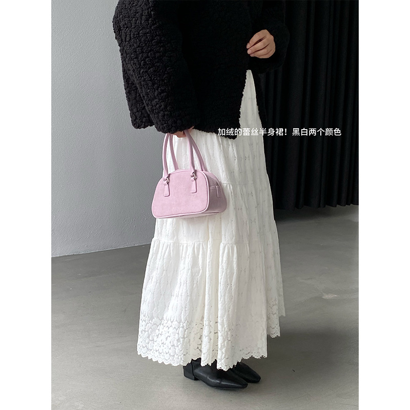 秋冬韩系加厚米白蕾丝长款半身裙
