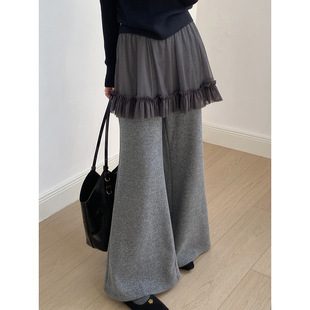 子 宽松微喇阔腿长裤 韩系加绒假两件蕾丝花边屁帘裤 女2025秋冬新款