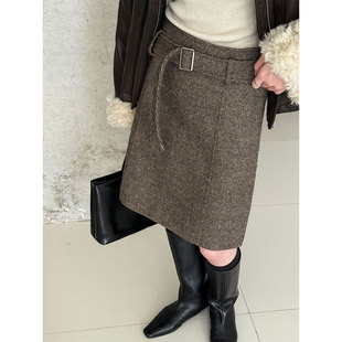 复古羊毛呢a字半身裙女2025新款 高腰显瘦百搭短裙子送腰带 秋冬季