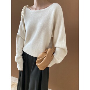 毛衣 温柔风一字领宽松显瘦针织衫 多穿法系带软糯打底衫 女秋冬法式