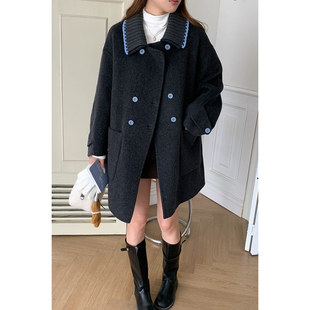 可脱卸针织领山羊绒双面呢羊毛大衣女秋冬新款 韩系气质巨好看外套