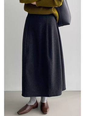 韩系复古花苞裙子2025秋冬新款中长款松紧腰加厚加绒A字半身裙