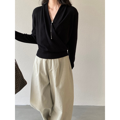 交叉斜门襟羊毛打底衫上衣