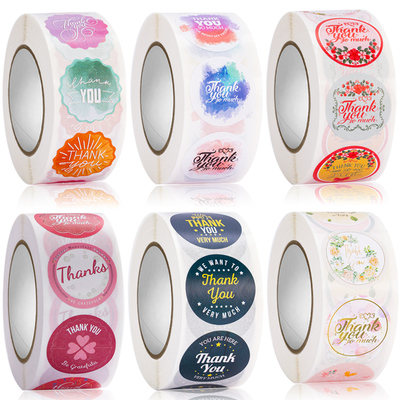 花卉Thank you贴纸谢谢你不干胶标签烘焙礼品包装饰品圆形封口贴