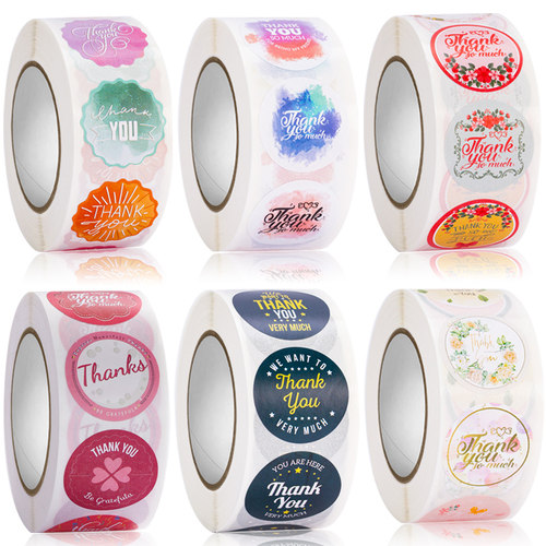 花卉Thank you贴纸谢谢你不干胶标签烘焙礼品包装饰品圆形封口贴