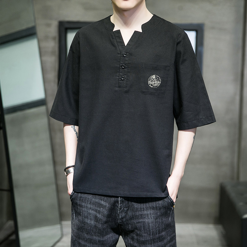 风新款夏装宽松大码棉麻短袖-A011-1-ST017-P55-黑,男装T恤,电商A011-1（原4007）