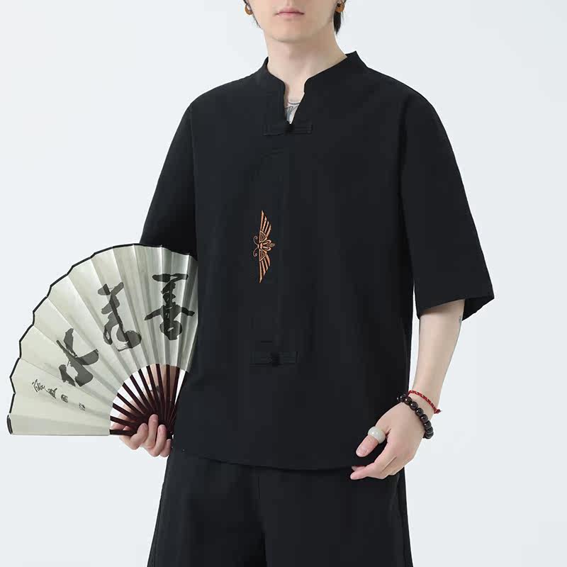 新款风男装刺绣宽松大码短袖-DSA011-1-ST035-P55-黑,男装T恤,电商A011-1（原4007）