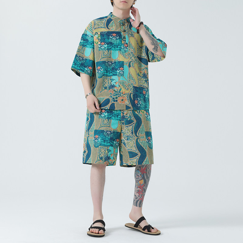 风男装印花宽松大码男士套装-A011-1-TZ036-P80-绿色,男装休闲套装,电商A011-1（原4007）