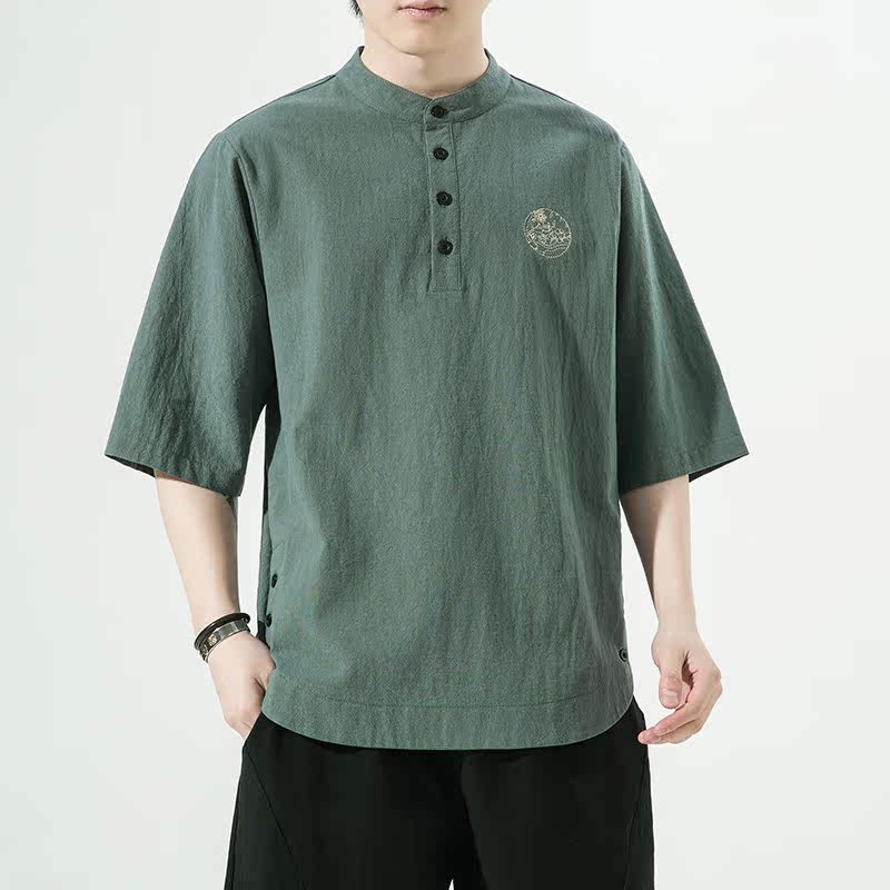 夏季风纯色休闲宽松大码绣花短袖ST011-P55-绿,男装T恤,电商A011-1（原4007）