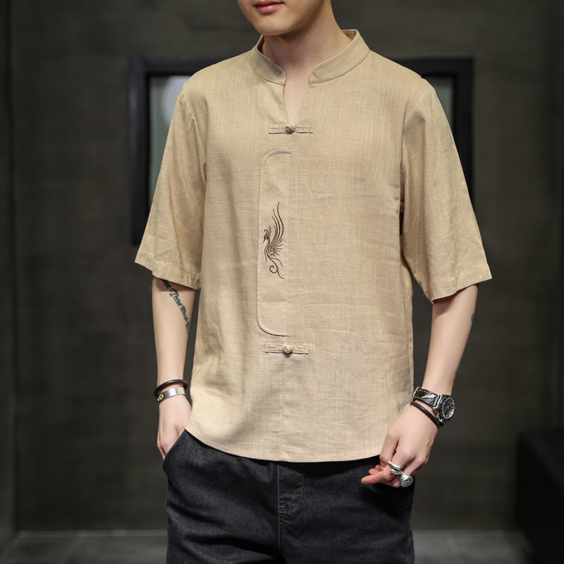 风纯色绣花休闲宽松大码亚麻短袖ST009-P60-卡其,男装T恤,电商A011-1（原4007）
