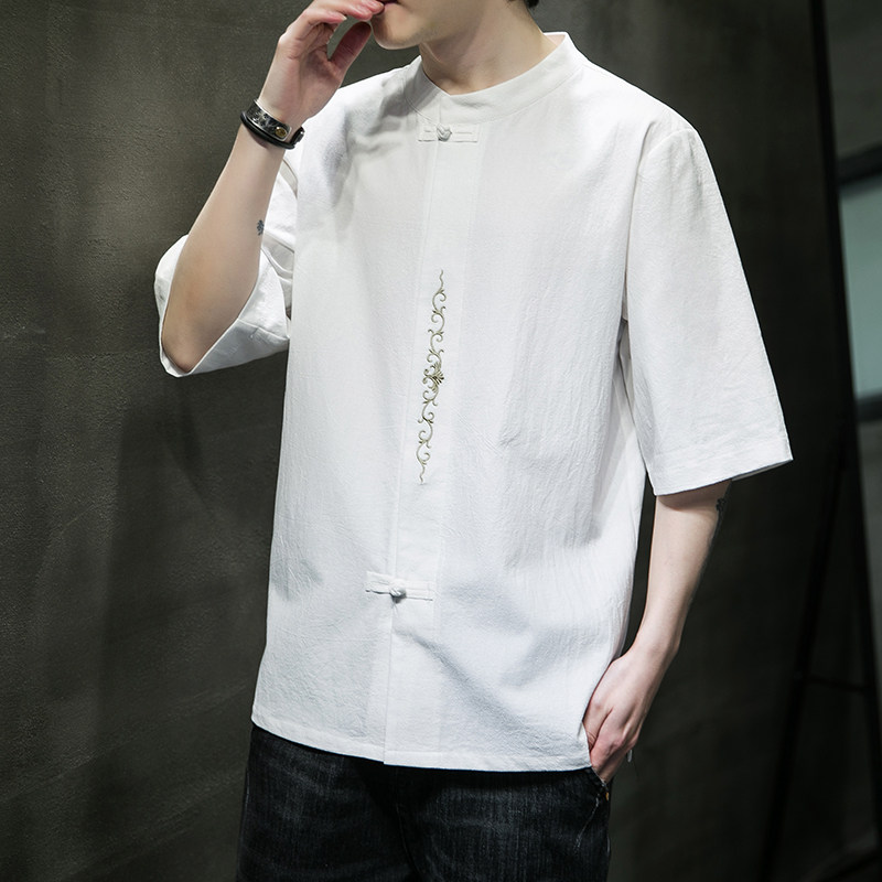 夏季风宽松大码盘扣刺绣棉麻短袖男装ST013-P55-白,男装T恤,电商A011-1（原4007）