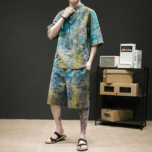 夏季潮流印花宽松大码男士套装-TZ021-P80-绿色,男装休闲套装,电商A011-1（原4007）