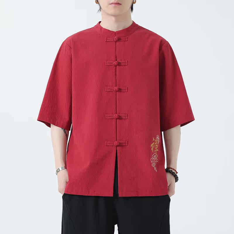 春夏风男装宽松大码盘扣纯色短袖A011-1-ST010-P58-红,男装T恤,电商A011-1（原4007）