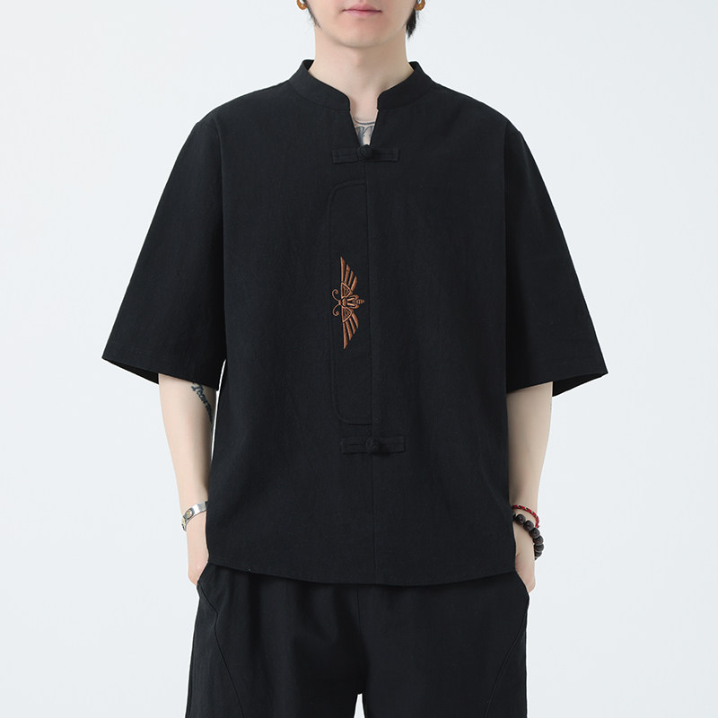 新款风男装刺绣宽松大码短袖-DSA011-1-ST035-P55-黑,男装T恤,电商A011-1（原4007）