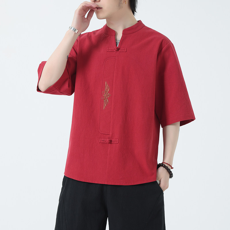 新款风男装刺绣宽松大码短袖-DSA011-1-ST035-P55-红,男装T恤,电商A011-1（原4007）