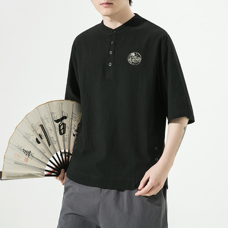 夏季风纯色休闲宽松大码绣花短袖ST011-P55-黑,男装T恤,电商A011-1（原4007）