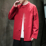 风新款秋季宽松大码棉麻刺绣长袖A011-1ST018红色-P65，男装卫衣，电商A011-1（原4007）