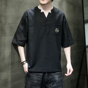风新款夏装宽松大码棉麻短袖-A011-1-ST017-P55-黑图片