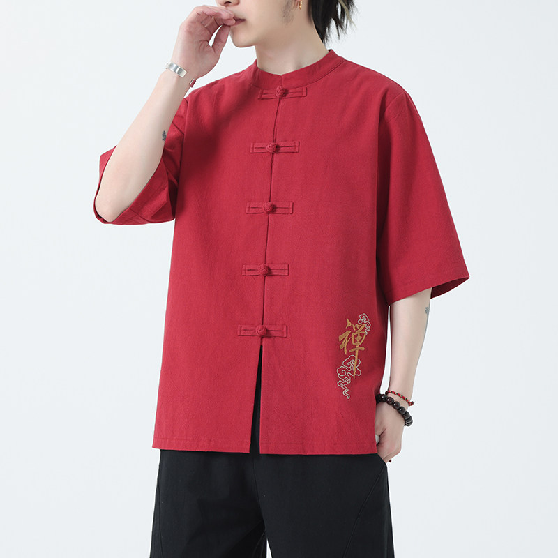 春夏风男装宽松大码盘扣纯色短袖A011-1-ST010-P58-红图片