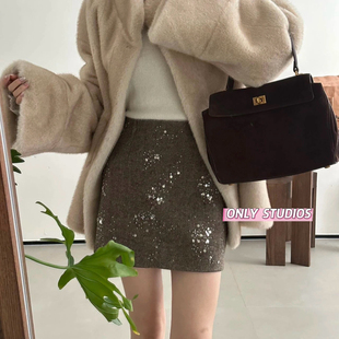 LULUfeng 早春法式复古重工钉珠亮片包臀闪闪a字裙裤防走光半身裙