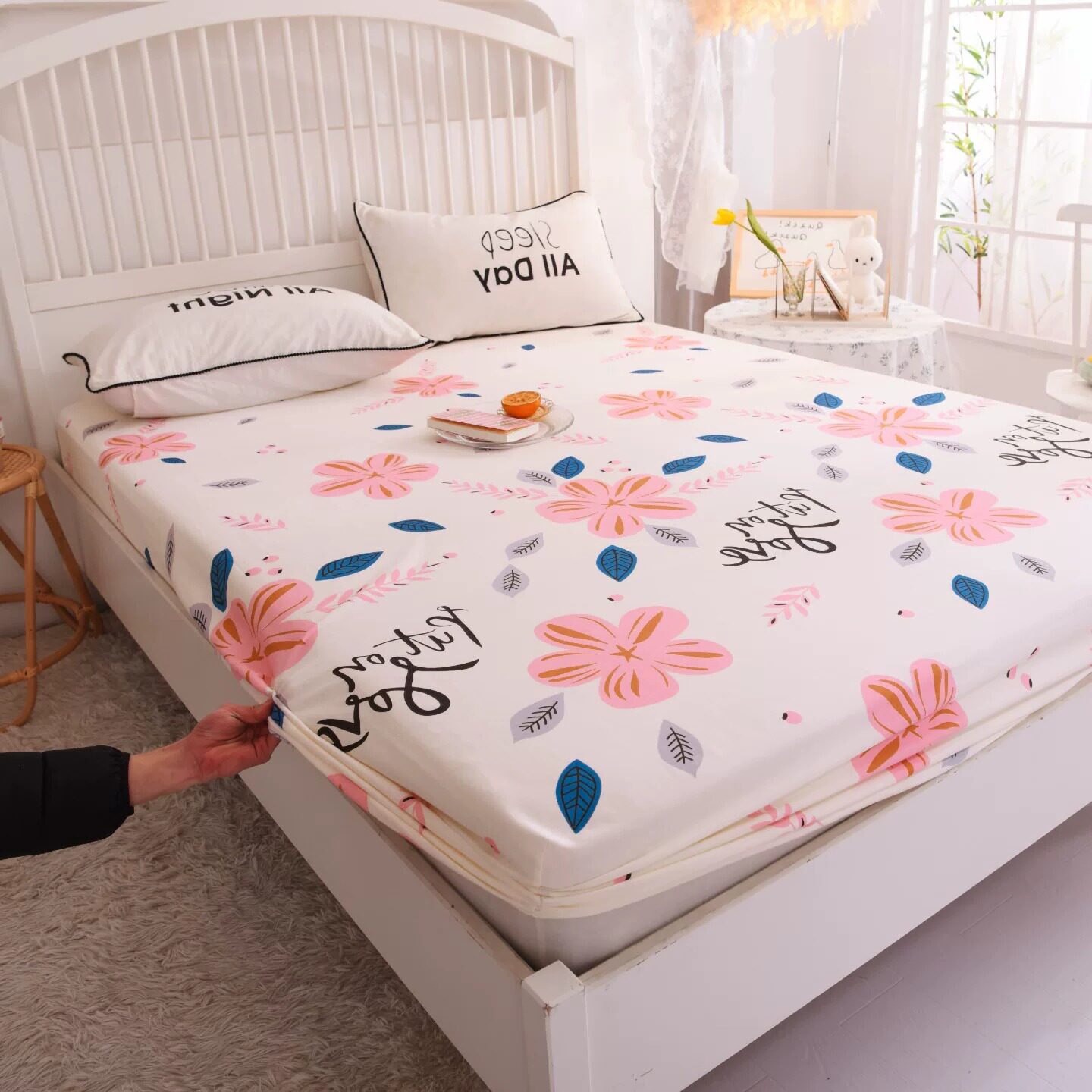 粉黛【A类无荧光加厚全棉磨毛床笠】100%纯棉长绒棉加密柔软床罩