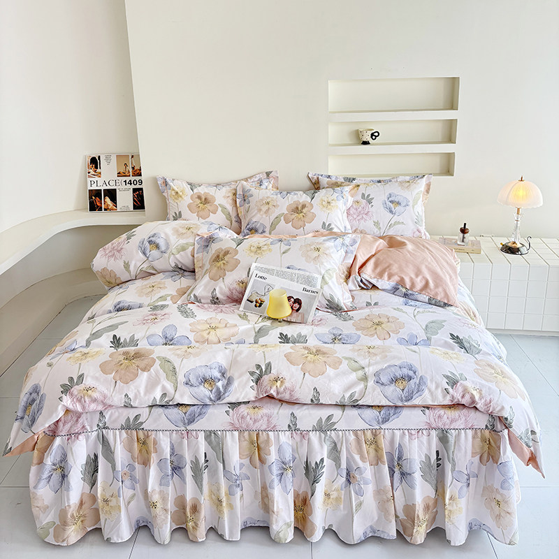 A类60支全棉加密斜纹床裙四件套100%棉新疆长绒棉柔软舒适春夏