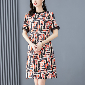 RM7854#重磅双绉真丝连衣裙女小个子妈妈高端印花气质韩版桑蚕丝裙子夏季