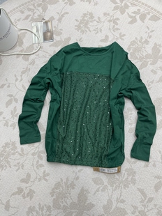 休闲 女装 高品质复古拼接亮片圆领长袖 T恤春秋季