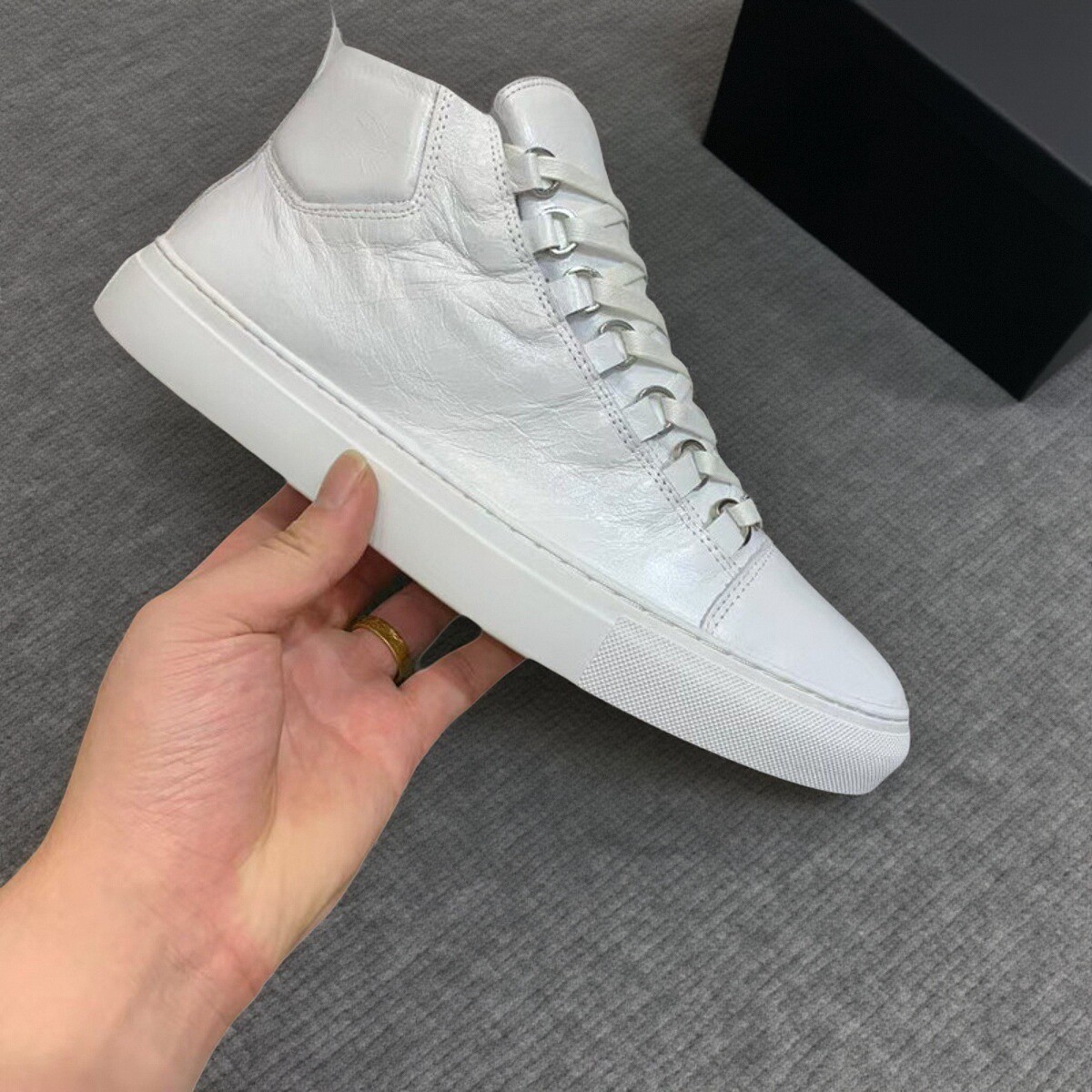 thumbnail for Large Size Paris Trendy Shoes High-Top Sneakers Pleated Leather Ins Gray Cowhide White Shoes Fashionable Sports Foreign Trade Men&#039s Shoes