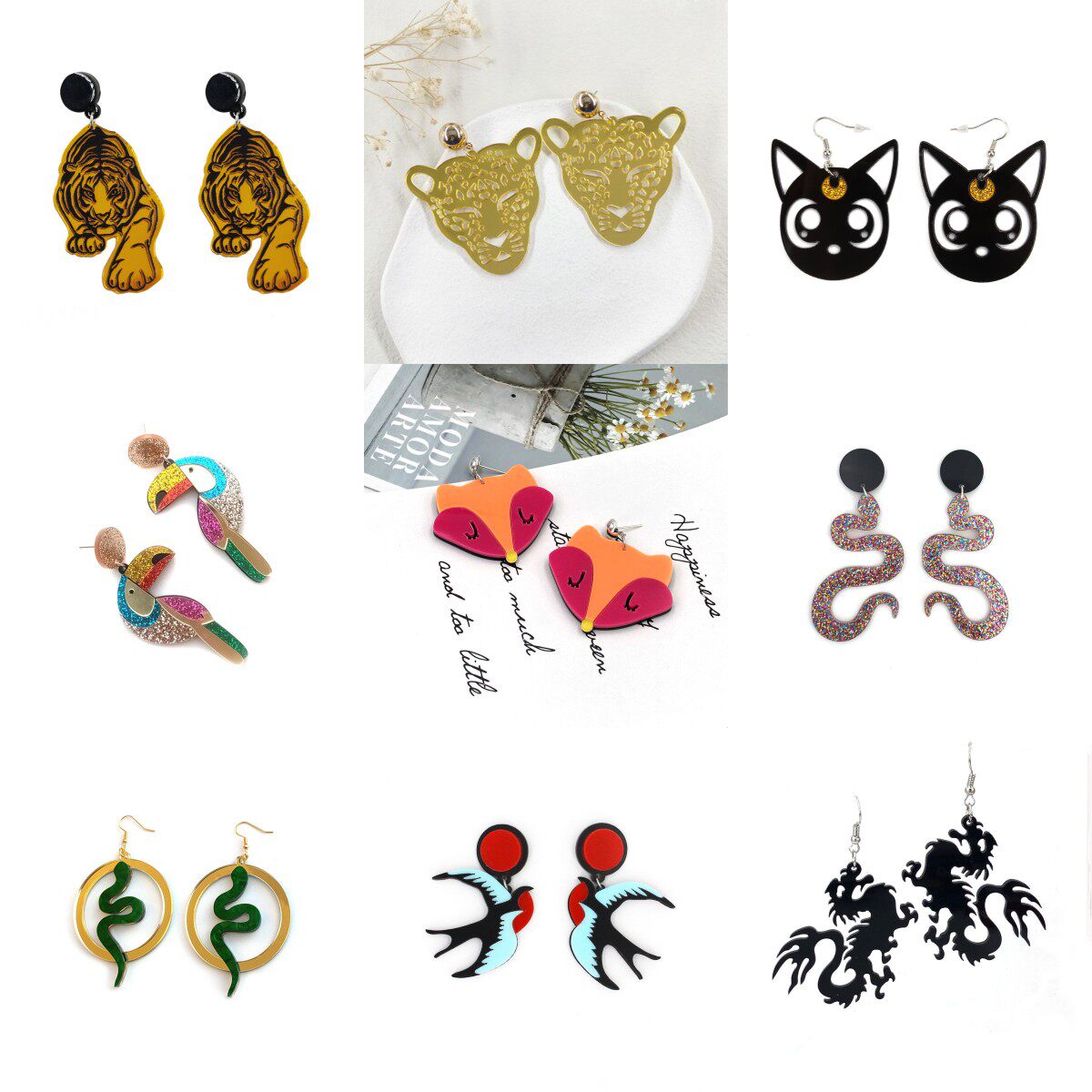 夸张动物饰品亚克力猫龙老虎豹兔子狗鹦鹉蛇鸟狐狸耳钉耳环长款女