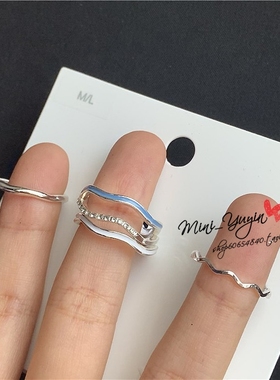 正品HM 日韩ins冷淡风波浪蹦迪戒指女复古多层个性食指指环 5枚组