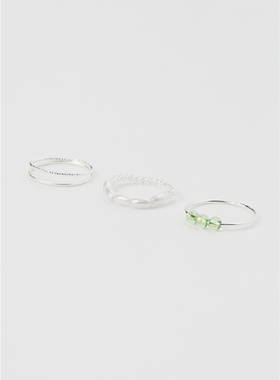 HM 欧美简约INS风素圈绿珠饰多层弹力珍珠叠搭食指戒指指环 3枚组