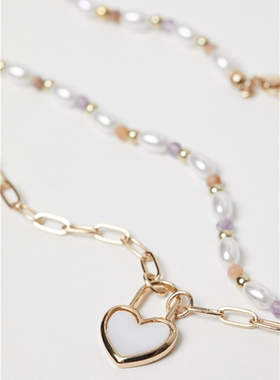 HM 多层项链女潮网红锁爱心珍珠复古锁骨链叠戴颈链短链欧美配饰