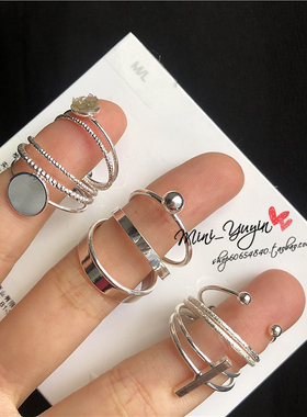 欧美风金属岩石圆球多层开口戒指