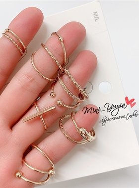 HM 欧美多层戒指COS圆球十字架几何叠戴指环麻花光板指圈 13枚组