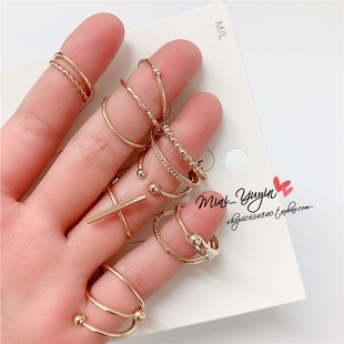 HM 欧美多层戒指COS圆球十字架几何叠戴指环麻花光板指圈 13枚组