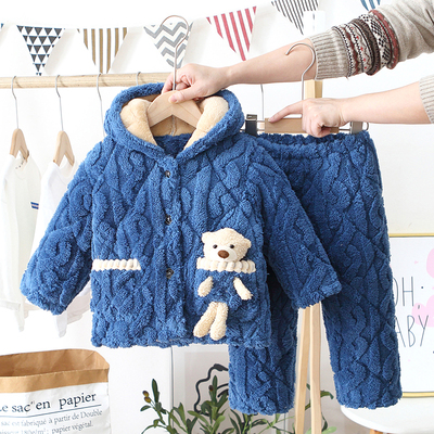 冬季加厚儿童法兰绒男夹棉睡衣