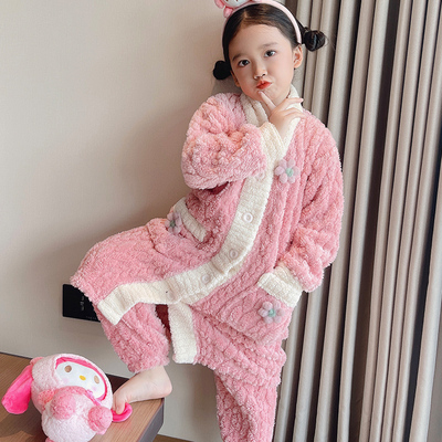 长款家居服保暖秋冬季儿童睡衣加厚女宝宝睡袍男童浴袍法兰绒套装