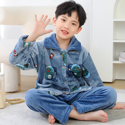 秋冬季儿童珊瑚绒睡衣男童加厚秋款法兰绒男孩家居服女童宝宝套装
