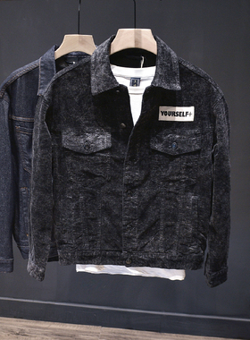 高端潮牌宽松牛仔外套男士黑色重磅雪花水洗灯芯绒质感休闲夹克帅