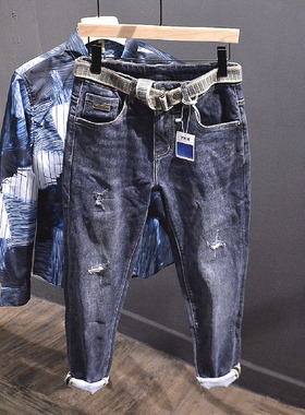 深蓝色个性修身牛仔裤男士破洞补丁百搭帅气潮流高弹长裤子小脚裤