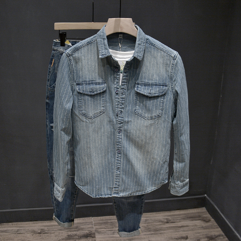 翻领长袖美式休闲条纹牛仔衬衫