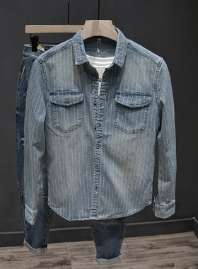 时尚高质感条纹牛仔衬衫男士日系复古长袖外套春季美式宽松上衣潮