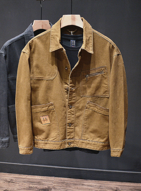 日系复古潮牌长袖休闲夹克时尚男士拉链工装宽松牛仔外套ins水洗